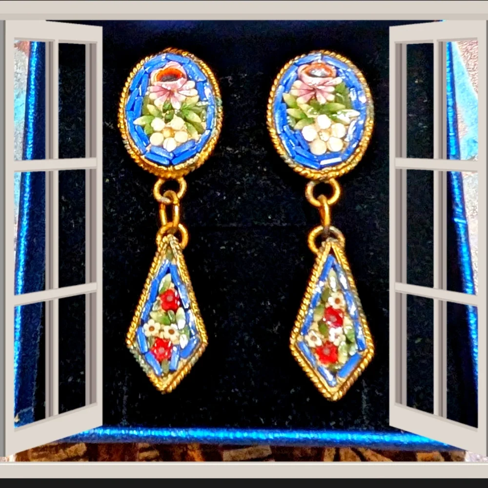 Antique Italian Micromosaic Dangle Earrings - Picture 1 of 6